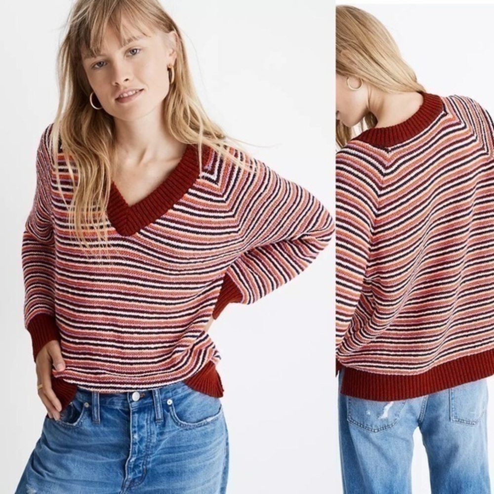 Madewell Arden V-Neck Crop Pullover Sweater 100% cotton in Stripe